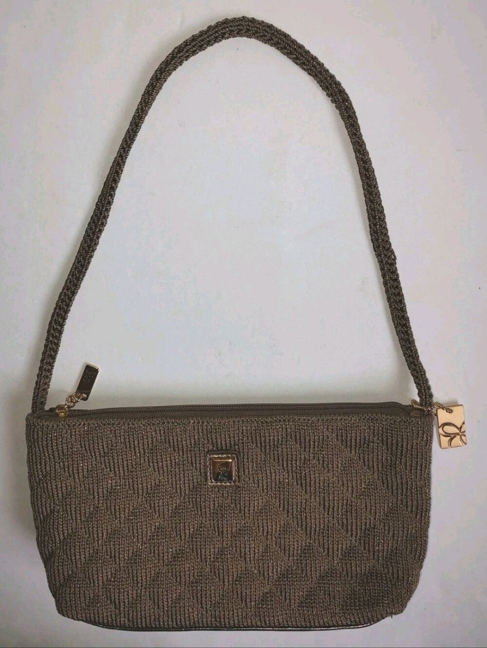 Lina Shoulder Bag Handbag Knit Strap Charm Zip Shimmer Taupe Brown Quilted NWOT